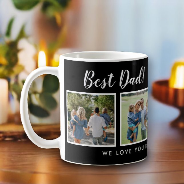 Bester Vater! Fotos Collage Message Black Kaffeetasse (Best dad script font with 6 family photo slots, along with a custom message for your number 1 Dad.)
