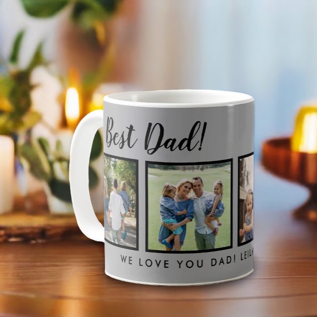 Bester Vater! Fotos Collage Message Light Grau Kaffeetasse (Best dad script font with 6 family photo slots along with a custom message for your number 1 Dad.)