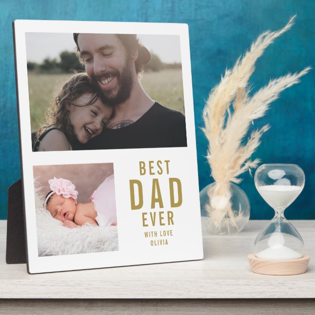 Bester Vater je 2 Fotocollage weiß und Gold Fotoplatte (Seite)