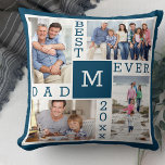 Bester Vater je 4 Foto Collage Blue White Monogram Kissen<br><div class="desc">Custom Foto Collage Kissen für den besten Vater aller Zeiten. Die Vorlage ist Set für Sie bereit, um 4 Ihrer Lieblings-Fotos, das Jahr und die erste. Ein großartiges Geschenk für den Tag des Vaters, einen Geburtstag oder als Beibehaltung einer Veranstaltung oder persönlichen Leistung. Das Design hat eine frische Farbpalette in...</div>