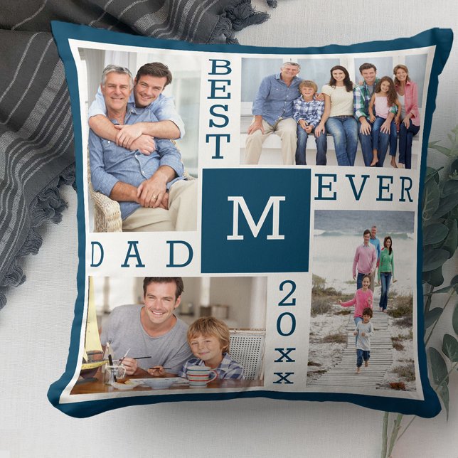 Bester Vater je 4 Foto Collage Blue White Monogram Kissen (Von Creator hochgeladen)