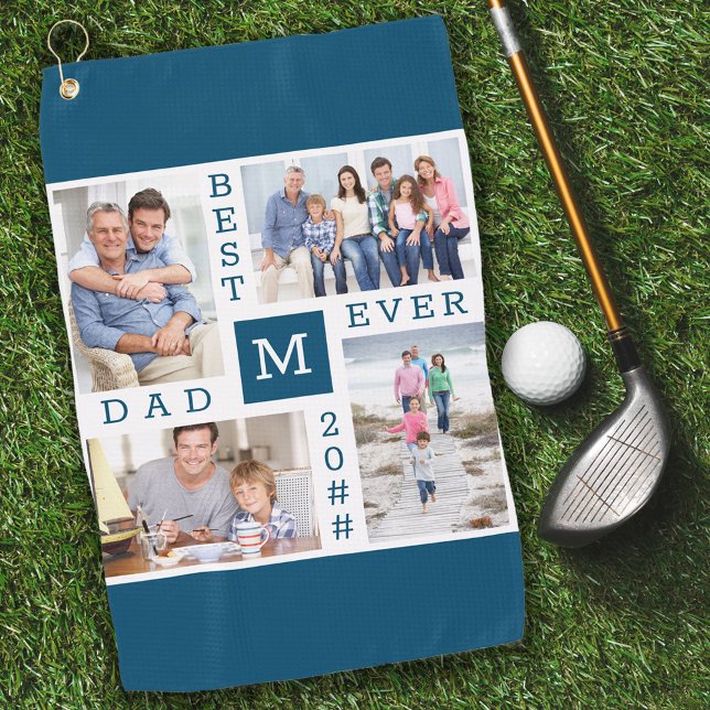 Bester Vater je 4 FotoCollage Custom Year Blue Golfhandtuch (Von Creator hochgeladen)