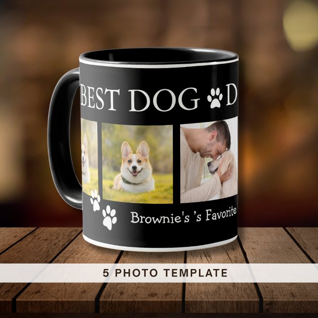 Bester Vater je 5 Foto Collage Pet Name Schwarz Tasse (Best Dog Dad Ever 5 Photo Collage Pet Name Black Mug)