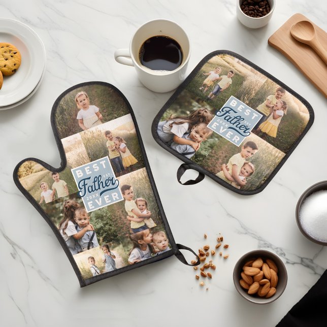Bester Vater je benutzerdefinierte Familie Foto Co Ofenhandschuh & Topflappen-Set (Best Father Ever Custom Family Photo Collage Oven Mitt & Pot Holder Set)