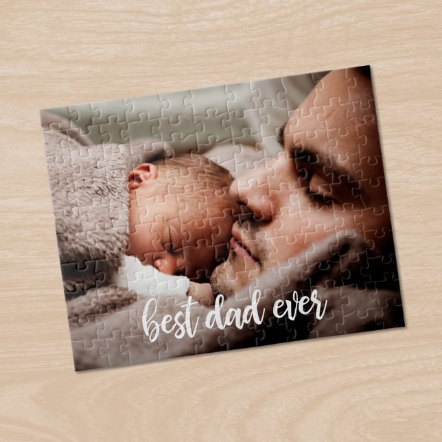 Bester Vater je benutzerdefiniertes Foto Modernes  Puzzle (Best Dad Ever Custom Photo Modern White Script Jigsaw Puzzle, in situ)