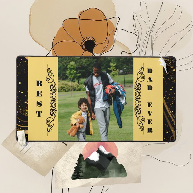 Bester Vater je Black Leafy Gold Swirt Modernes Sc Schreibtischunterlage (Best Dad Ever Black Leafy Gold Swirl Modern Script Desk Mat)