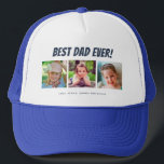 Bester Vater je | Drei Fotos Truckerkappe<br><div class="desc">Dieser hat drei Fotorahmen für Bilder von Kindern oder Papa. Dark blue text "Best Vater Ever" erscheint oberhalb der bilder und der benutzerdefinierte Text unten erlaubt es Ihnen,  mit Kindernamen zu personalisieren. Dies ist ein perfektes herzliches Vatertag oder Geburtstagsgeschenk für jeden Papa.</div>