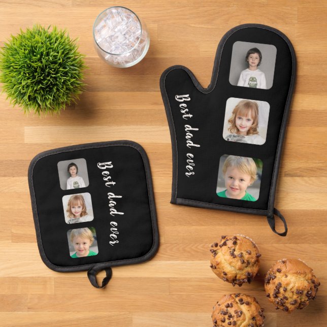 Bester Vater je Fotomaterial Schwarz Ofenhandschuh & Topflappen-Set (Oben Unten)