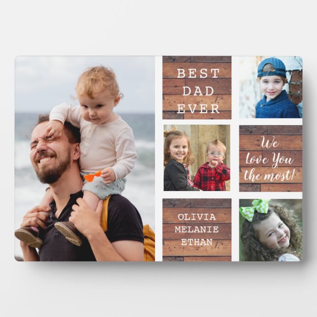 Bester Vater je Kind 4 Foto Collage Rustikales Hol Fotoplatte (Vorderseite)