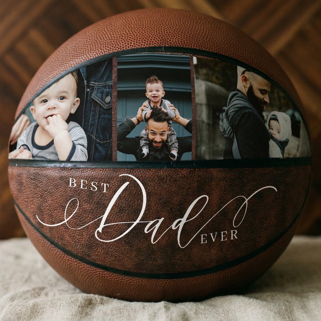 Bester Vater je Leder Väter Tag FotoCollage Basketball (Best Dad Ever Leather Fathers Day Photo Collage Basketball)