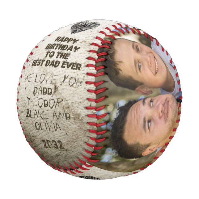 Bester Vater je Modernes 2Foto Collage Happy Birth Baseball (Schrägansicht)