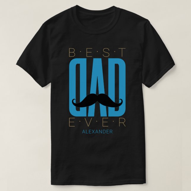 Bester Vater je Mustache Blue Black Gold Name Cust T-Shirt (Design vorne)