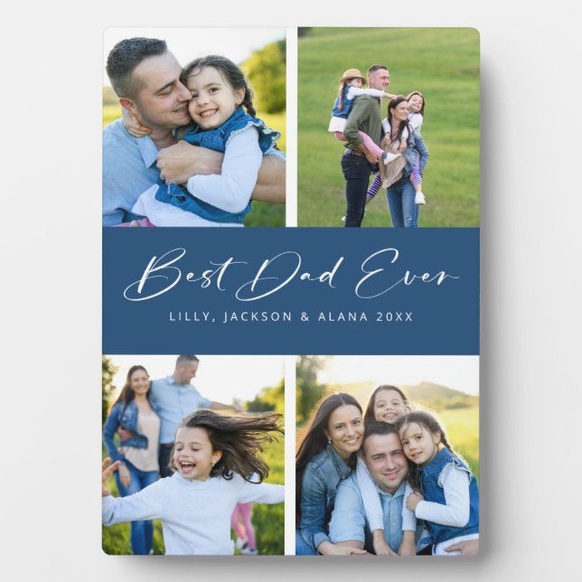 Bester Vater je Script Blue 4 Foto Collage Plaque Fotoplatte (Vorderseite)