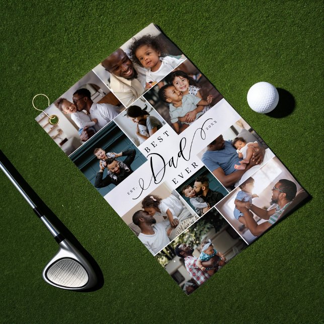 Bester Vater je Script Vatertag FotoCollage Golfhandtuch (Best Dad Ever Script Father's Day Photo Collage Golf Towel)