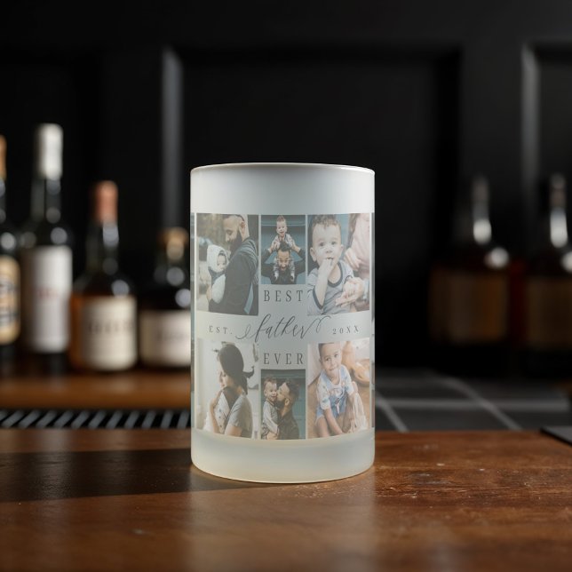 Bester Vater je Script Vatertag FotoCollage Mattglas Bierglas (Best Dad Ever Script Father's Day Photo Collage Frosted Glass Beer Mug)