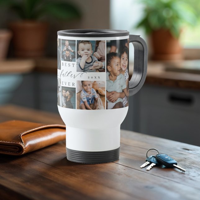 Bester Vater je Script Vatertag FotoCollage Reisebecher (Best Father Ever Script Father's Day Photo Collage Travel Mug)