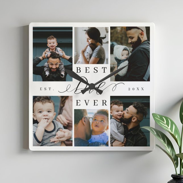 Bester Vater je | Vatertag 6 FotoCollage Quadratische Wanduhr (Best Dad Ever | Father's Day 6 Photo Collage Square Wall Clock)