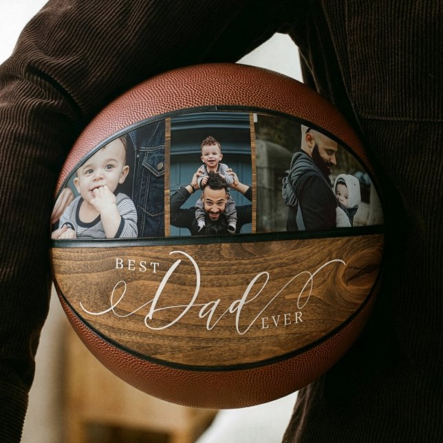 Bester Vater je Waldkornvätertag Fotomaterial Coll Basketball (Best Dad Ever Woodgrain Fathers Day Photo Collage Basketball)
