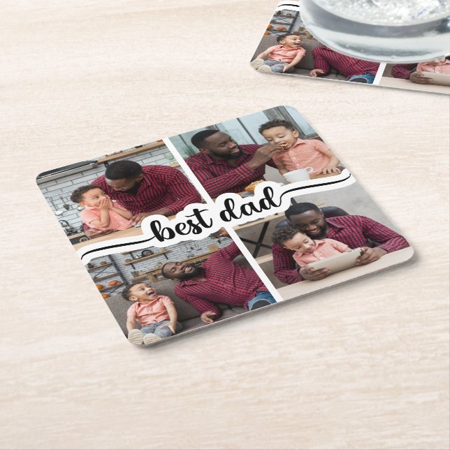 Bester Vater Personalisiert 4 FotoCollage Rechteckiger Pappuntersetzer (angewinkelt)