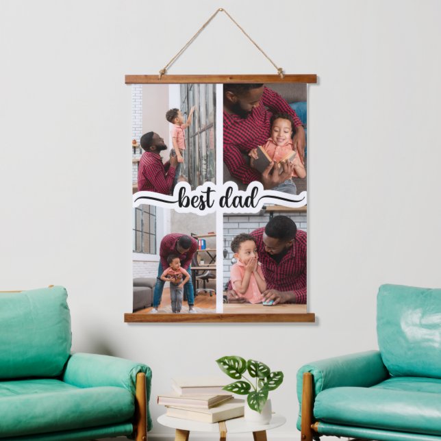 Bester Vater Personalisiert 4 FotoCollage Wandteppich Mit Holzrahmen (Wohnzimmer)