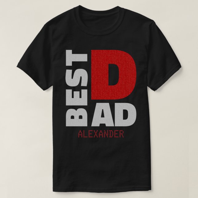 Bester Vater Silberroter Glitzer Name angepasst T-Shirt (Design vorne)