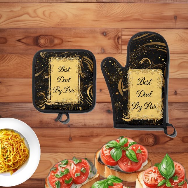 Bester Vater von Par Moderne Kalligraphie, seidig  Ofenhandschuh & Topflappen-Set (Best Dad By Par Modern Calligraphy Leafy Swirl Fun Oven Mitt & Pot Holder Set)