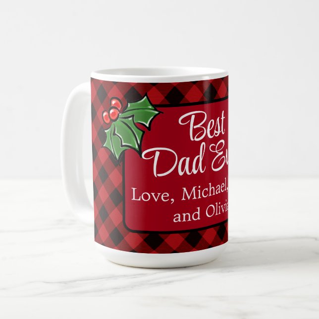 Bester Vater Weihnachts Klassik Rot Kariert Holly Kaffeetasse (Vorderseite Links)