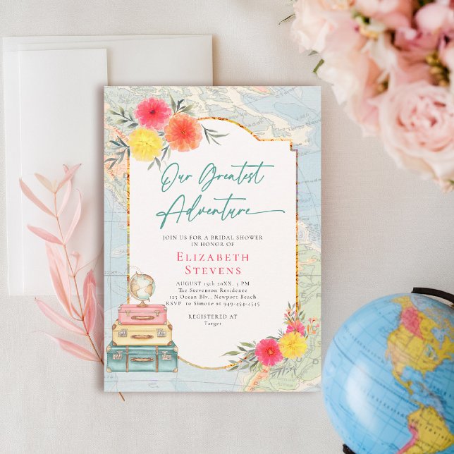 Bestes Abenteuer Floral Pink Aquamarine Reise Brid Einladung (travel bridal shower invitation floral watercolor world map suitcases elegant pink teal)