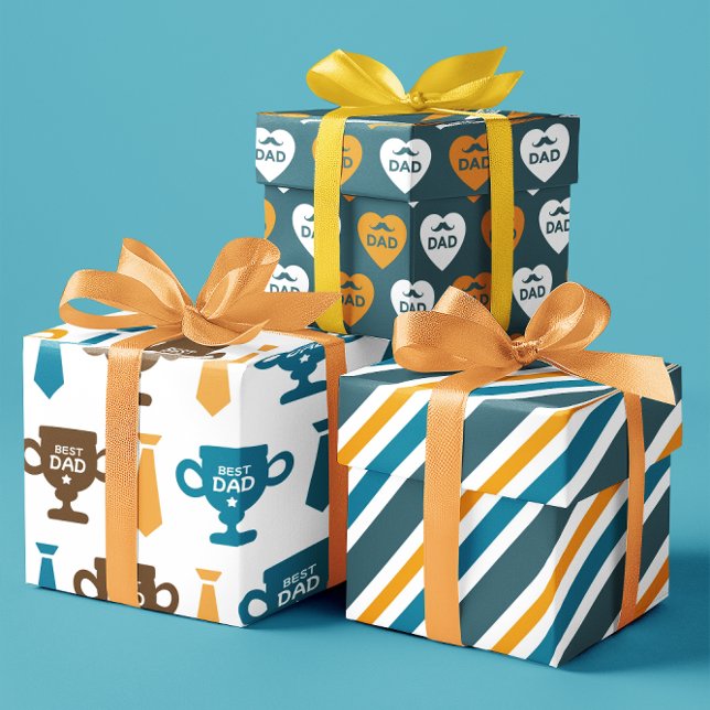 Bestes gelbes und blaues Herz-Trophäe-Set von 3 Vä Geschenkpapier Set (Best Dad yellow and blue heart trophy set of 3 Wrapping Paper Sheets)