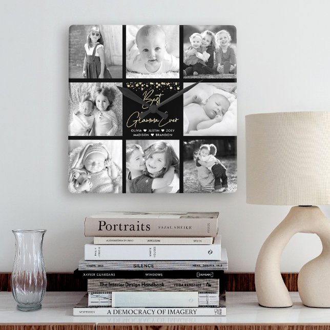 Bestes Glamma je 8 Foto Collage Gold Glitzer Chic Quadratische Wanduhr (Von Creator hochgeladen)