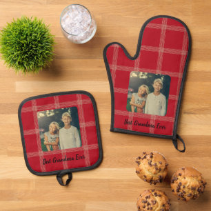 Bestes Oma je Red Gingham Custom Foto Ofenhandschuh & Topflappen-Set