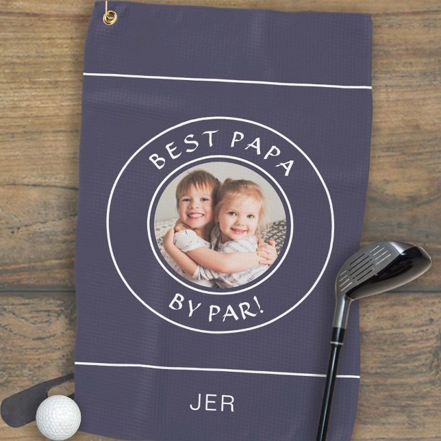 Bestes Papa by Par Golfer Modernes Foto Blau Golfhandtuch (Best Papa By Par Golfer Modern Custom Photo Blue Golf Towel)