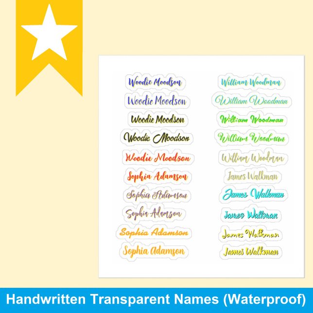 Bestes Set von 20, farbenfroh transparente Namensa Aufkleber (Personalized name labels for kids)