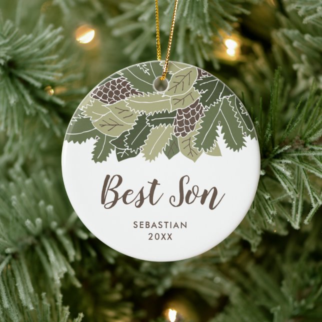 Bestes Sohn Personalisiert Rustikales Geschenk für Keramik Ornament (Baum)