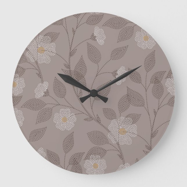 bestickte Blume und Blätter, nahtloses Design. Große Wanduhr (Vorderseite)