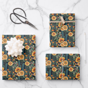 Bestickte Gelbe blühende Kaktus auf schwarz Geschenkpapier Set