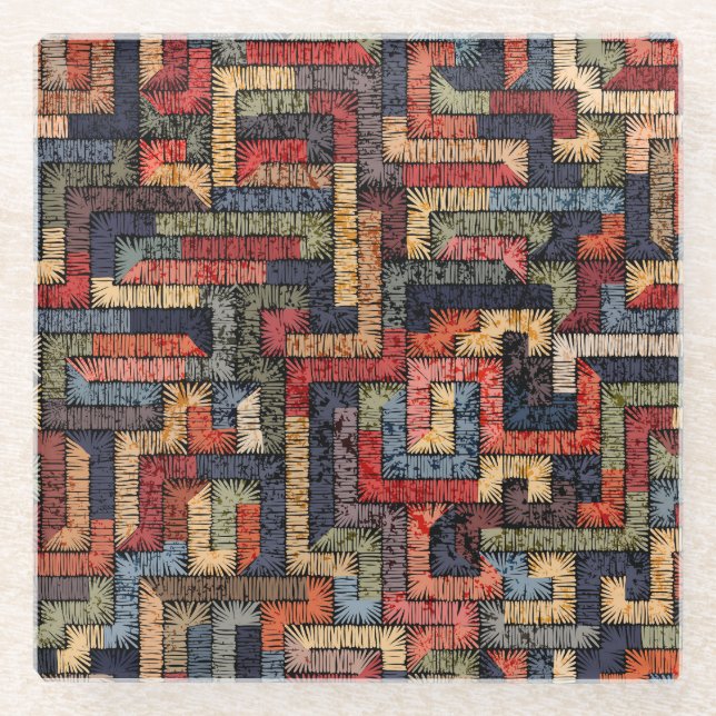 bestickte geometrische, ethnische Textur Glasuntersetzer (Vorderseite)
