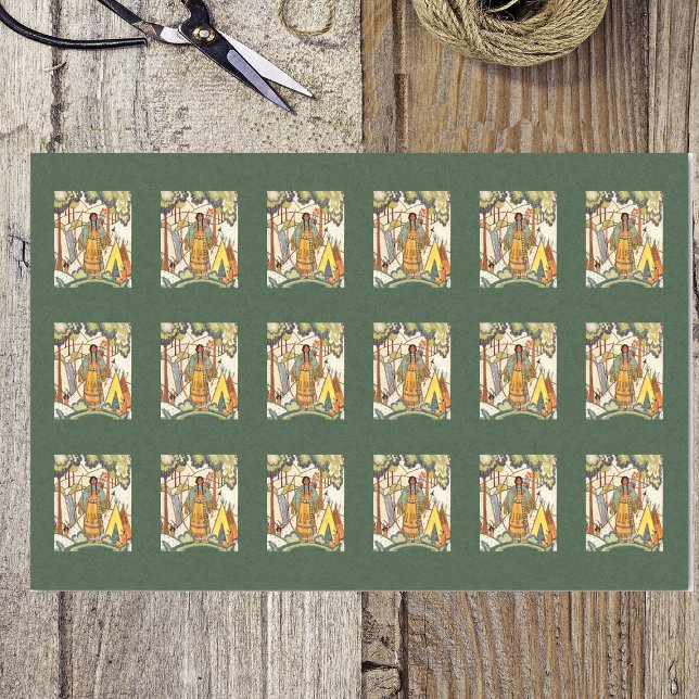 bestickte indische Textur Ladys in Forest Green Seidenpapier (American Indian village with embroidery texture and lady on dark green tissue wrapping paper.)