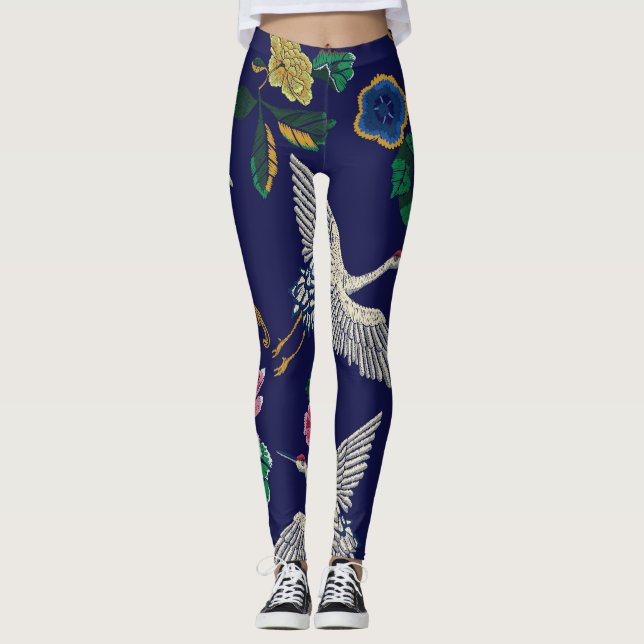 bestickte Krane und Blume, Vintag nahtlos p Leggings (Vorderseite)