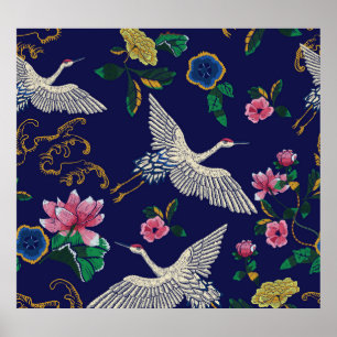 bestickte Krane und Blume, Vintag nahtlos p Poster