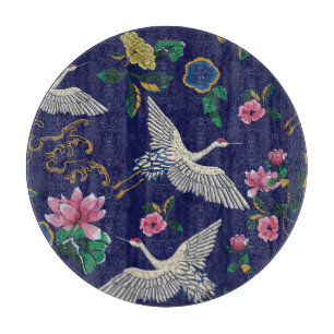 Bestickte Kraniche und Blumen, vintage nahtloses M Schneidebrett