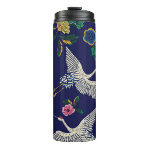 Bestickte Kraniche und Blumen, vintage nahtloses M Thermosbecher