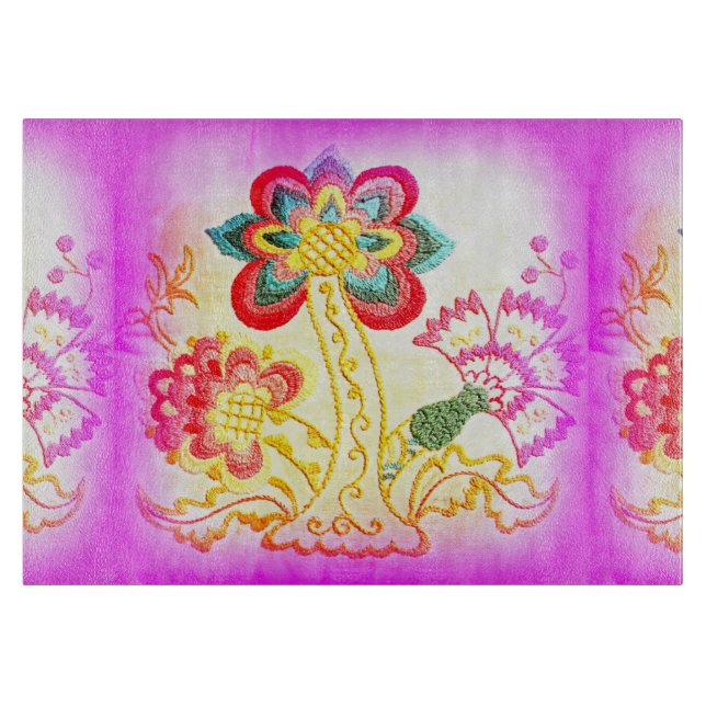 Bestickte Pink Palm Glas Schneidebrett (Vorderseite)