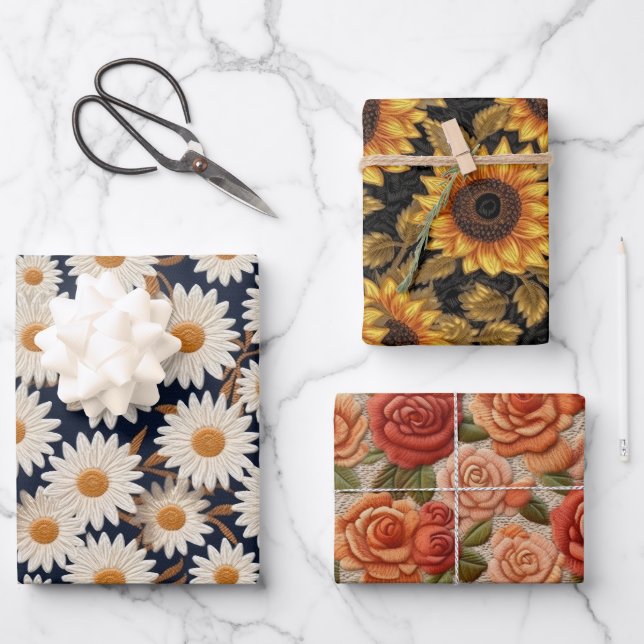 bestickte Tischtücher, Sonnenblumen und Rose Geschenkpapier Set (Vorderseite)