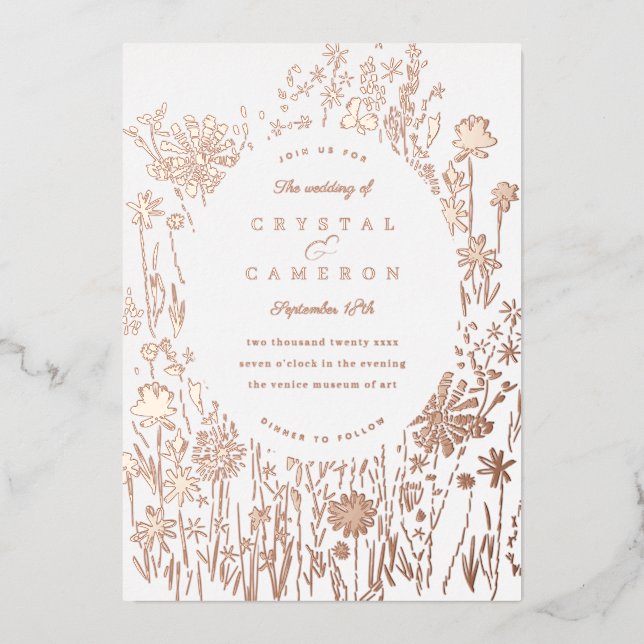 bestickte Wildblume Floral Meadow Gold Folieneinladung (Vorderseite)
