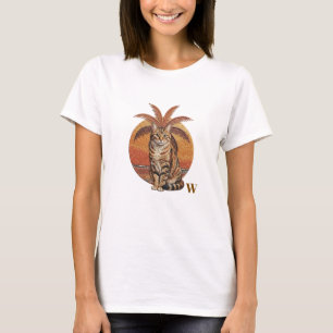 Bestickter Katzen- & Palmenbaum-Sonnenuntergang mi T-Shirt