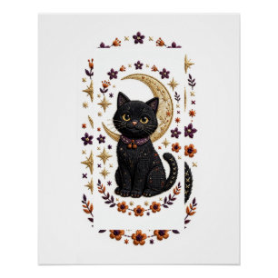 Besticktes Schwarzes-Katzen-Shirt – Halloween-Tee Poster