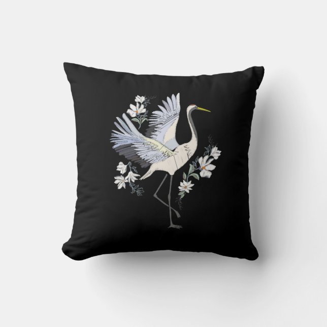 besticktes Weiß und Grau Krane Bird Floral Black Kissen (Vorderseite)