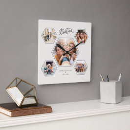 Besties 5 Photo Custom Collage Script Keepsake Quadratische Wanduhr