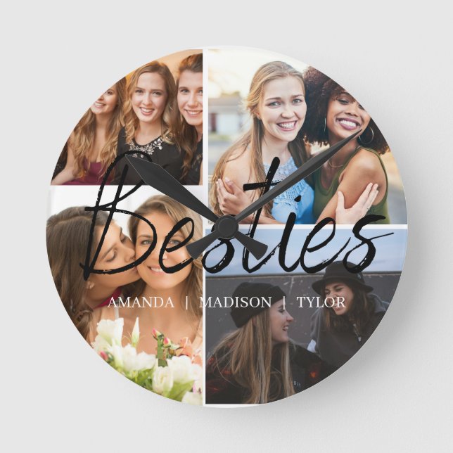 Besties | Best Friends Personalisiert Names Foto Runde Wanduhr (Vorderseite)